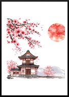 A2 PLAKAT OBRAZ JAPONIA KWITNĄCA WIŚNIA DOM JAPOŃSKI BARWY RÓŻU SZAROŚCI