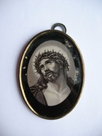 JEZUS W CIERNIOWEJ KORONIE przedwojenny OBRAZEK W MOSIĘŻNEJ RAMCE ZA SZKŁEM