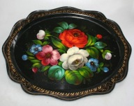 CZARNA METALOWA TACA, RĘCZNIE MALOWANE KWIATY 1