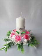 Stroiki Komunia Świeca IHS Kwiaty Atłasowe Biało - Różowe