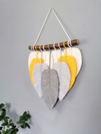 Makrama ścienna listki BOHO piórka żółte szare