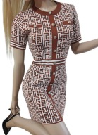 dzianinowa sukienka brązowo-kremowa wzór grecki meander S/M