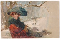 Kobieta w kapeluszu zimowy spacer 1905r. Litografia