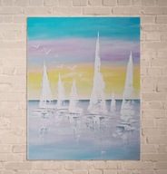Obraz na płótnie ręcznie malowany akrylami "Żaglówki" prezent 80x120