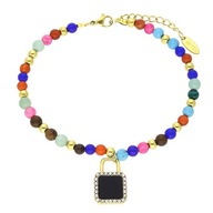 59328 Bransoletka złota stal chirurgiczna kłódka koraliki