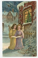 BOŻE NARODZENIE - ANIOŁKI, CHOINKA, ZIMOWY KRAJOBRAZ - POZŁACANA - c. 1910