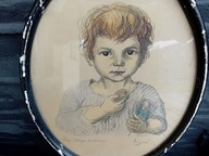 STARA LITOGRAFIA GRAFIKA PORTRET Chłopiec z lalką i owocem , PODPIS