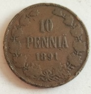 moneta Finlandia pod okupacją 10 pennia 1891 car Aleksander III rzadki