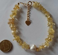 Bransoletka - cytryn naturalny, biała perła, srebro 925 złocone