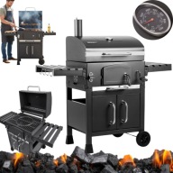 GRILL WĘGLOWY OGRODOWY Z POKRYWĄ ŻELIWNY RUSZT 57x41,5cm KOMIN TERMOMETR