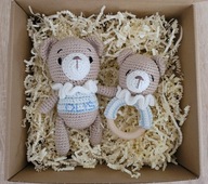 Zestaw Miś + grzechotka Handmade prezent na chrzest Baby Shower