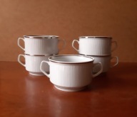 Białe porcelanowe bulionówki srebrna nitka prążki Chodzież Roman 5 szt. PRL