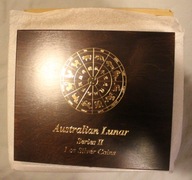 AUSTRALIA SERIA LUNAR II 2 2008 - 2019 1 OZ NOWA DREWNIANA KASETA z OPISAMI