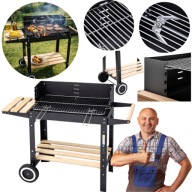 GRILL WĘGLOWY OGRODOWY DUŻY RUSZT ROŻEN PÓŁKI NA KÓŁKACH MOCNY STALOWY 5w1