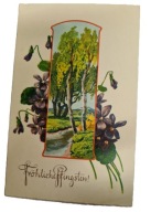 Pocztówka Zielone Świątki Fröhliche Pfingsten brzozy, fiołki, ok. 1905–1915