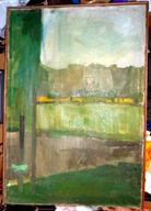 Pejzaż z pociągiem (?) - obraz olejny lub stare płótno malarskie .