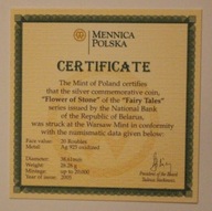 CERTYFIKAT DO MONETY 20 RUBLI 2005 BIAŁORUŚ - FAIRY TALES - KAMIENNY KWIAT