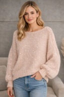 Ręcznie robiony sweter moherowy z cekinami– oversize, Miękki, puszysty