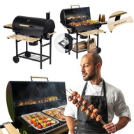 GRILL WĘGLOWY BECZKOWY Z KOMINEM I TERMOMETREM DUŻY RUSZT PÓŁKI + POPIELNIK