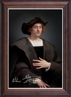 Obraz Krzysztof Kolumb portret z podpisem w drewnianej ramie ze szkłem