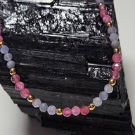 Bransoletka tanzanit, różowy turmalin i hematyt na gumce