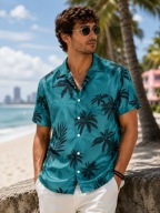 Koszula Hawajska Męska Turkusowa w Palmy Retro Miami Summer Premium XL