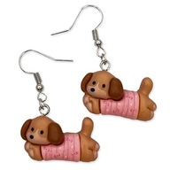 Kolczyki JAMNIKI w Różowych Sweterkach PIESKI Żywiczne Zabawny PREZENT Psy