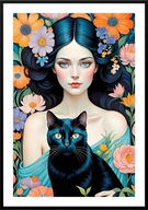 A2 KOLOROWY PLAKAT KOTY CZARNY KOT CZARNOWŁOSA KOBIETA Z CZARNYM KOTEM