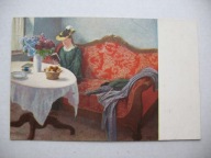 ZAGINIONY ŚWIAT PORANNA LEKTURA PRZY FILIŻANCE KAWY przedwojenna POCZTÓWKA