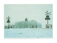 Pocztówka - Zimowy pejzaż z przejazdem kolejowym