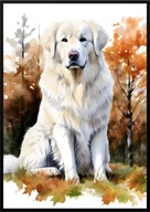 A2 59,4x42 PLAKAT OBRAZ PIES KUVASZ WĘGIERSKI, JESIEŃ AKWARELA LIŚCIE