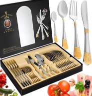 SZTUĆCE ZŁOTE W PUDEŁKU STYL GRECKI 24 EL SERWIS ZESTAW OBIADOWY NA 6 OSÓB