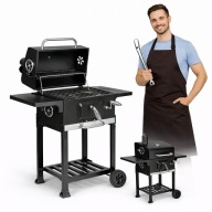 Grill węglowy duży żeliwny ruszt ogrodowy z pokrywą popielnik + termometr