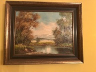 Pejzaż olejny na płótnie – rzeka, drzewa, góry