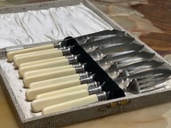 POSREBRZANE GRAWEROWANE SZTUĆCE DO RYB EPNS ETUI - 12 SZT - I POŁ XX WIEKU