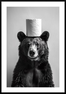 A3 CZARNO-BIAŁY PLAKAT DO ŁAZIENKI TOALETY ZABAWNY NIEDŹWIEDŹ Z PAPIEREM