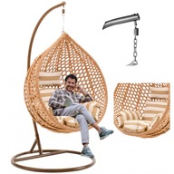 Fotel wiszący bujany kosz ogrodowy brązowy huśtawka ze stelażem + poduszki