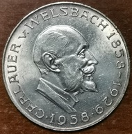 24. Austria 25 szylingów, 1958 Carl Auer von Welsbach Ag Srebro
