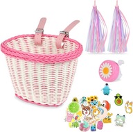 PLECIONY KOSZ ROWEROWY DLA DZIECI KOSZYK PRZEDNI WSTĄŻKI 30 NAKLEJEK