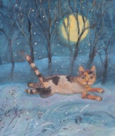 Kocie zabawy zimowa porą Akwarela Sabina Salamon 36x31