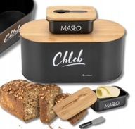 ZESTAW CHLEBAK CZARNY BAMBUSOWY POJEMNIK NA CHLEB MASŁO MASELNICZKA Z NOŻEM