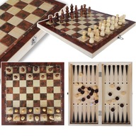 SZACHY DREWNIANE WARCABY TRYKTRAK GRA 3w1 KLASYCZNA PLANSZOWA DUŻE 34CM