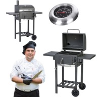 WĘGLOWY GRILL OGRODOWY BBQ Z TERMOMETREM ŻELIWNY RUSZT DUŻY NA KÓŁKACH