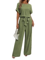 Damski Letni Komplet Old Money – Bluzka z Rękawami Batwing i Spodnie