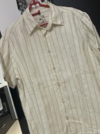 7 koszula Angelo Litrico kremowa pionowe złote pasy haft 100% len rozmiar L