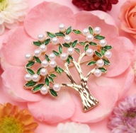 Piękna delikatna broszka zielone drzewo z perełkami
