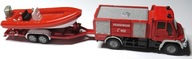 MODEL-RESORAK-MERCEDES BENZ UNIMOG U 400 FIRE ENGINE+RESCUE BOAT 1:87-SIKU