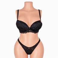 Komplet bielizny 85B push-up czarny koronka niski stan S-M