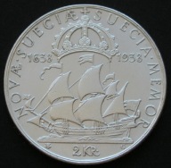 Szwecja 2 korony 1938 - król Gustaw V - żaglowiec - srebro