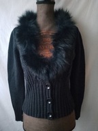 Sweter czarny(50%wełna) rozpinany z futrzanym kołnierzem - S/M